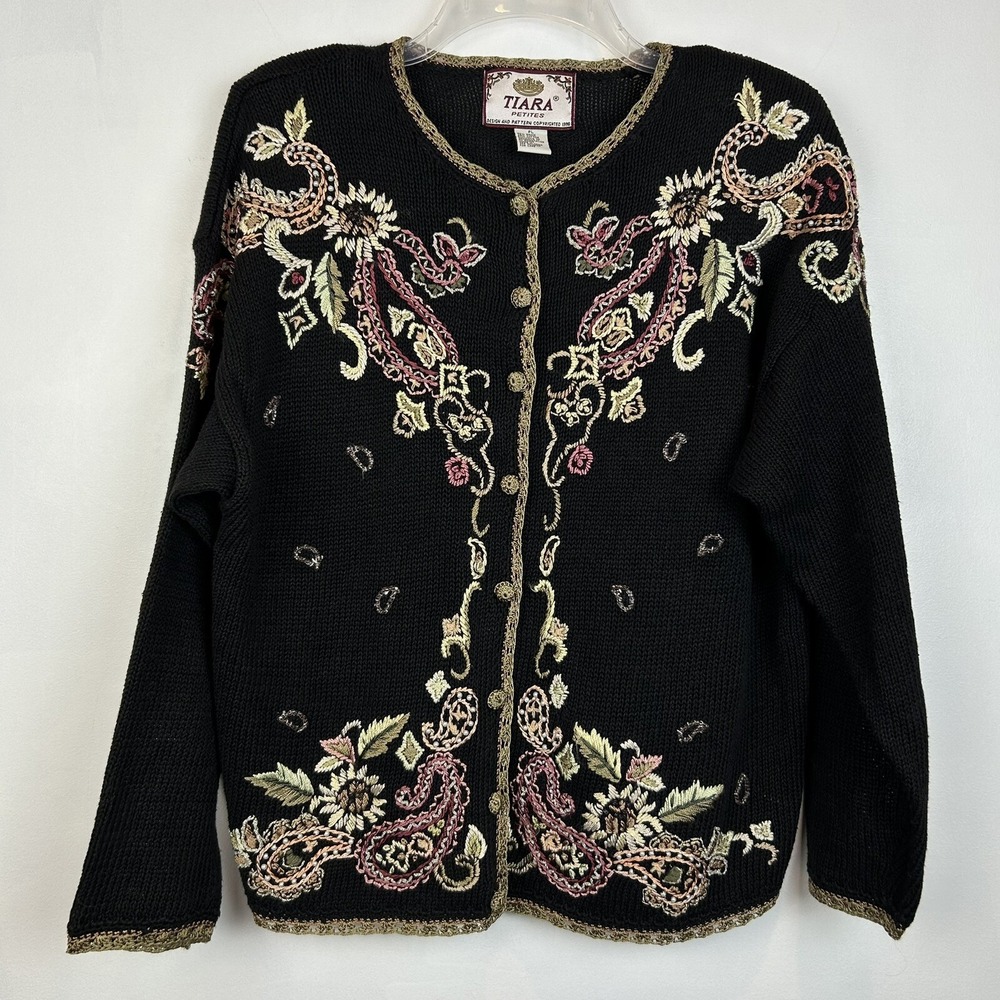 Vtg Tiara Sweater Womens L Petite Cardigan Floral Embroidered Grannycore Button
